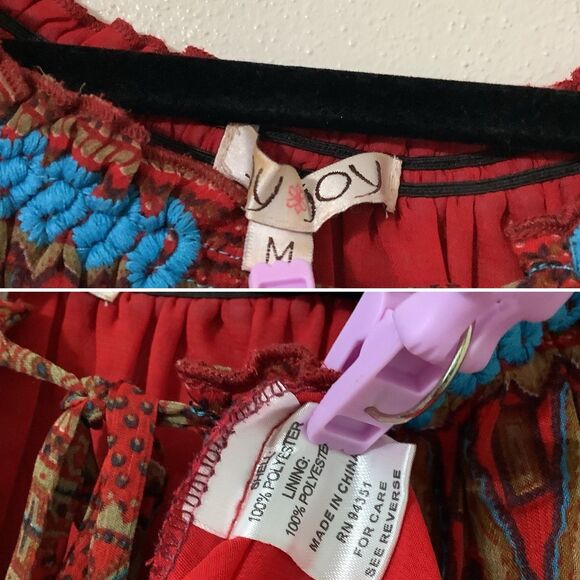 Joy Joy Bohemian Hippie Festival Colorful Boho Embroidered Red Peasant Blouse M - Picture 9 of 11